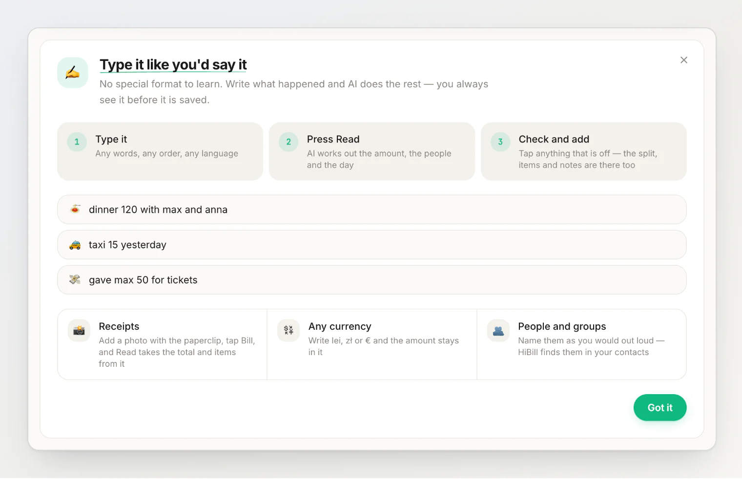 The getting-started card: type it, press Read, check and add, with three example sentences