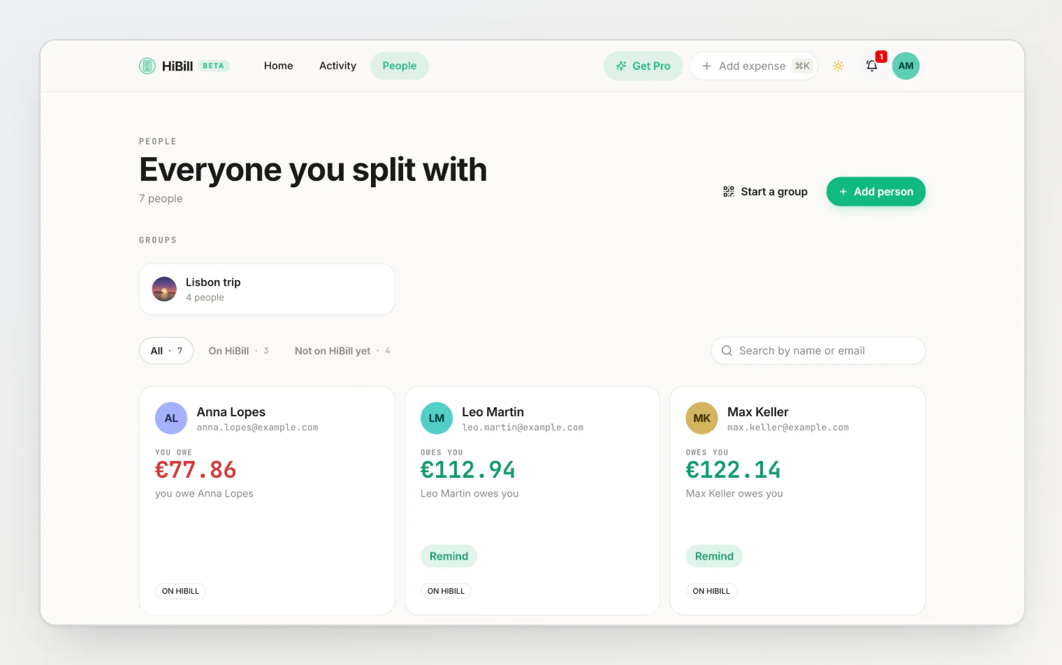 The People page: your groups at the top, then everyone you split with and the balance with each of them