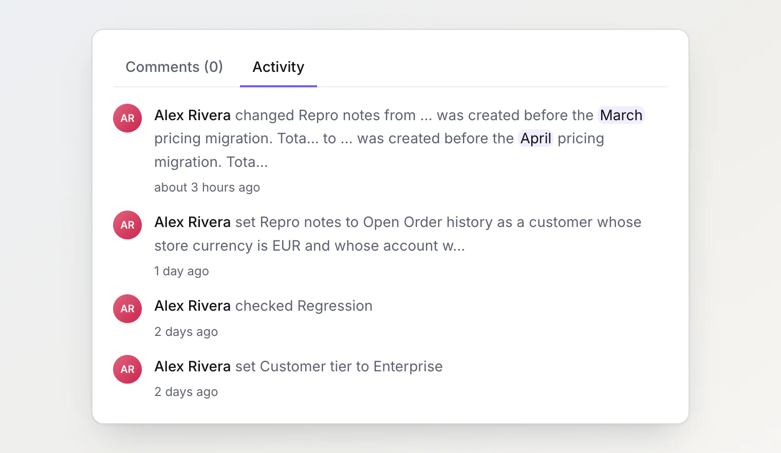 Task activity showing custom property changes: a checkbox checked, a select set to Enterprise, and a long text value with only the changed word marked