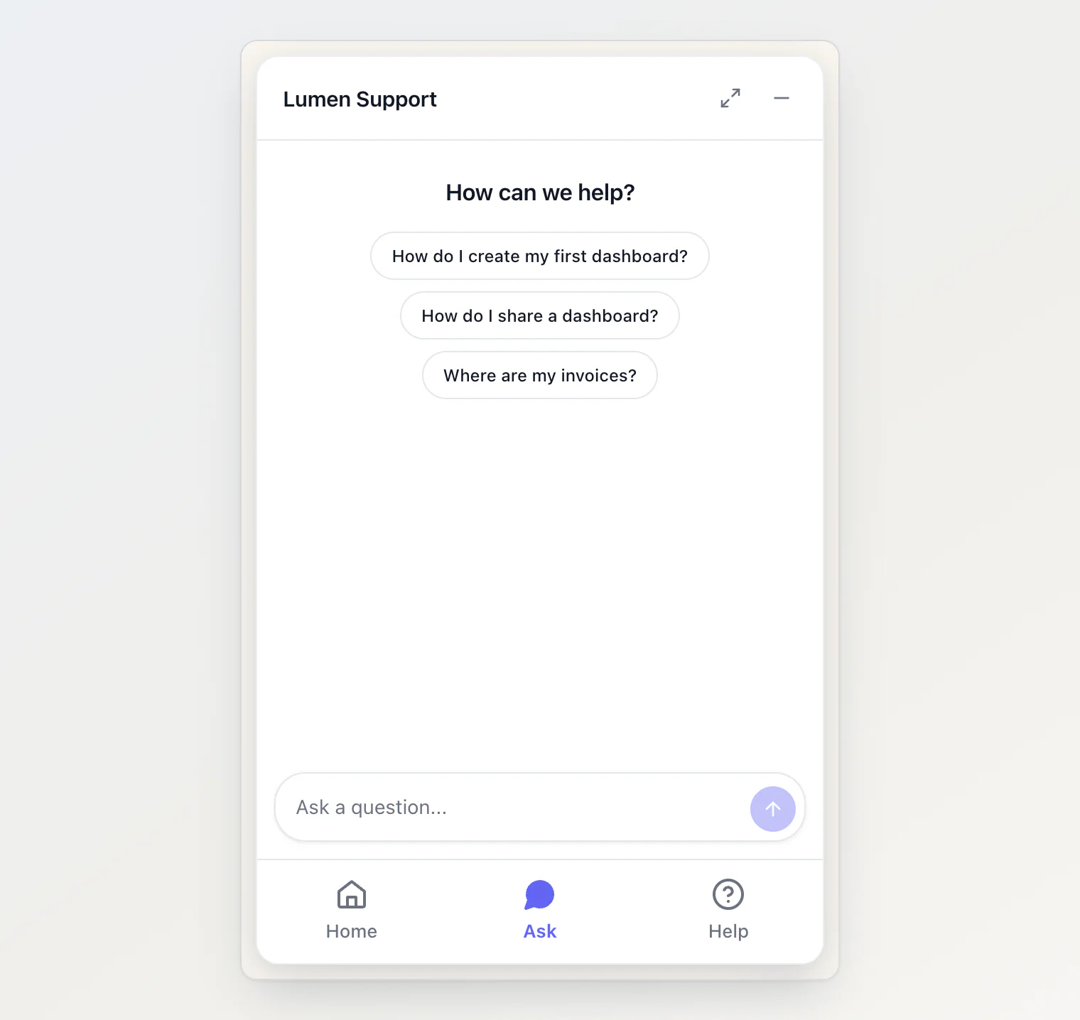 The Ask tab with a greeting and three suggested questions