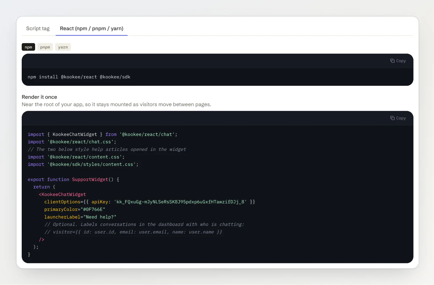 The React tab: an install command and a component with the same settings as props