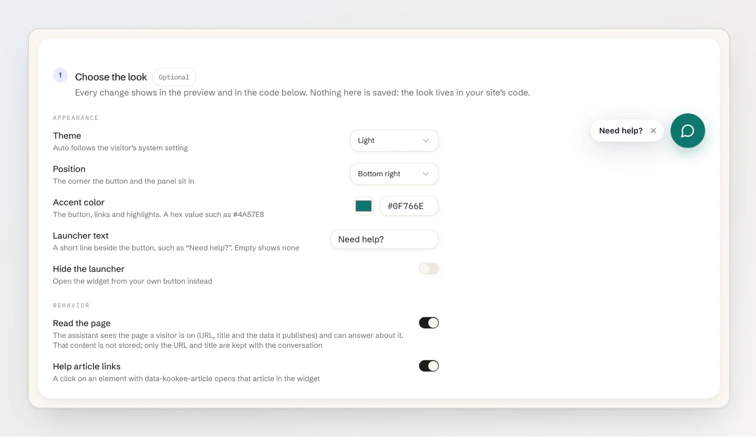Step 1 of the Installation tab: theme, position, accent color, launcher text and two behavior switches, with the launcher previewed