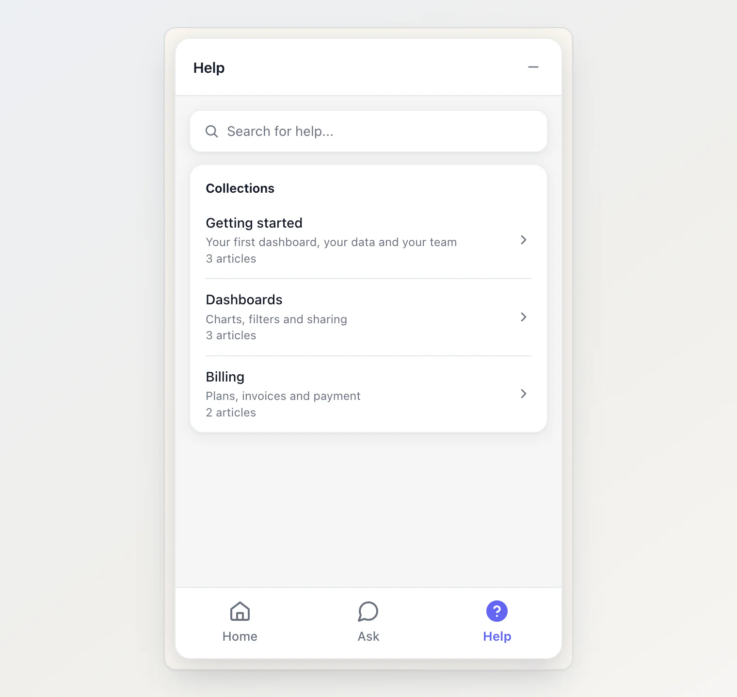 The Help tab: a search box and three collections with their article counts