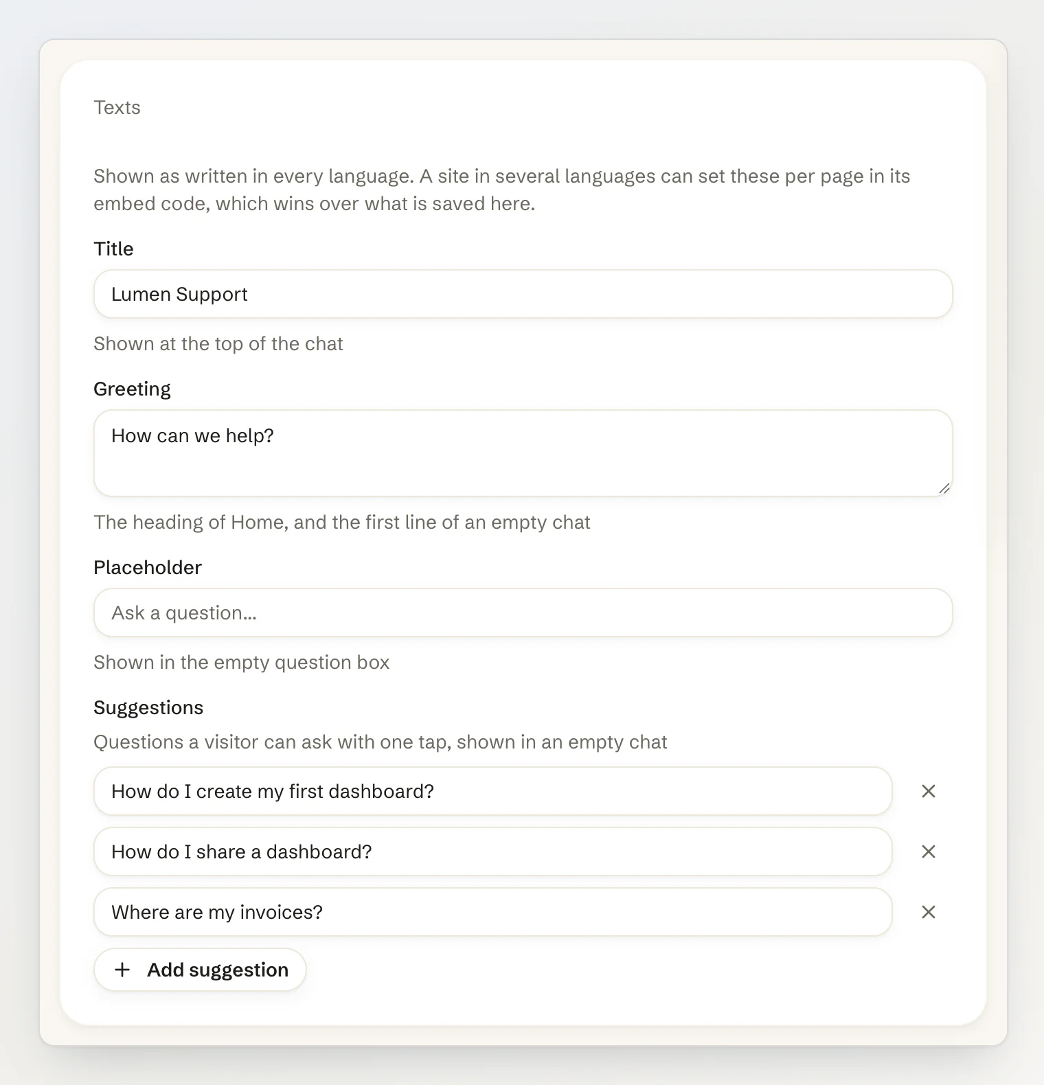 The Texts card: title, greeting, placeholder and three suggestions