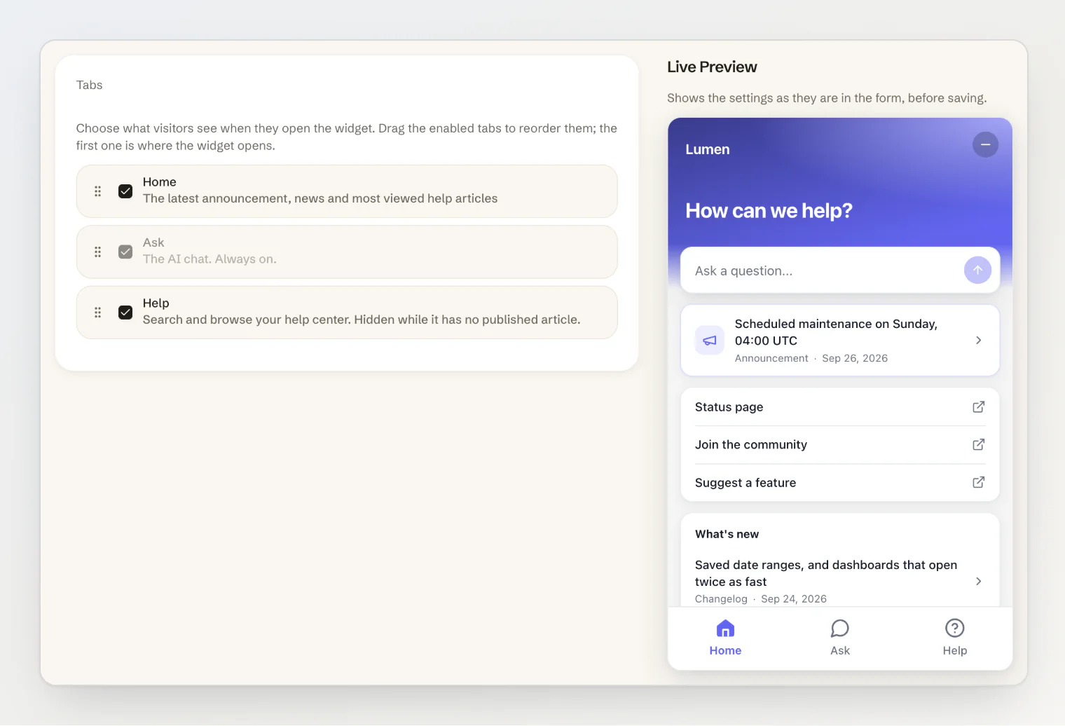 The Customize tab: Home, Ask and Help switched on, with a live preview of the widget beside them