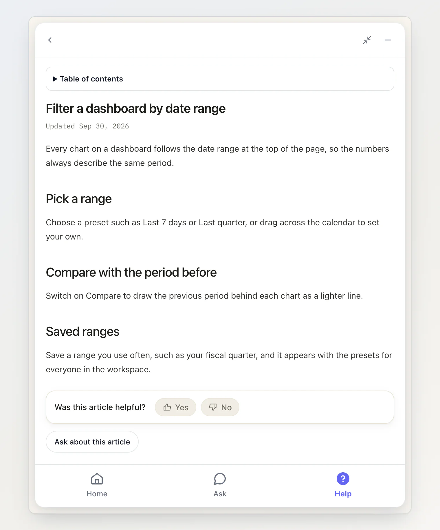 A help article open inside the widget, with a table of contents, a helpful vote and an Ask about this article button