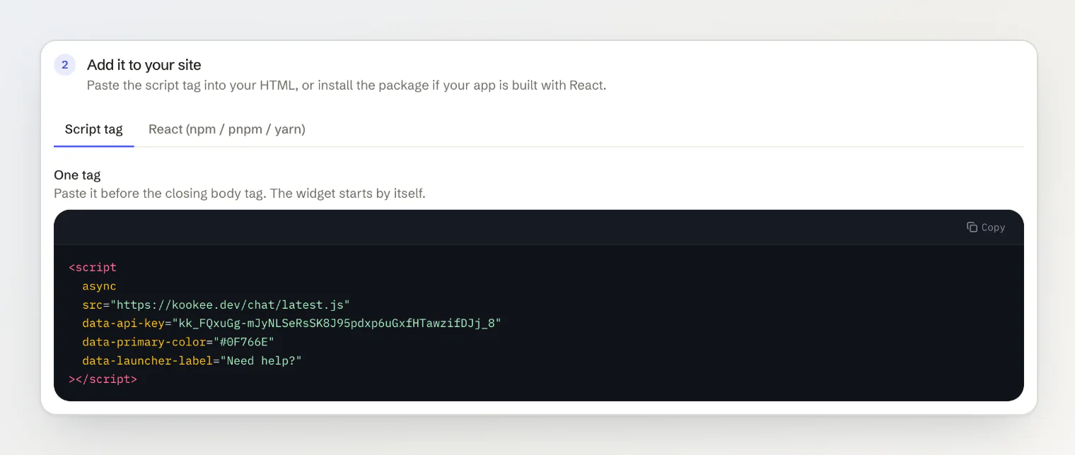Step 2 of the Installation tab: a script tag carrying the API key, the accent color and the launcher text