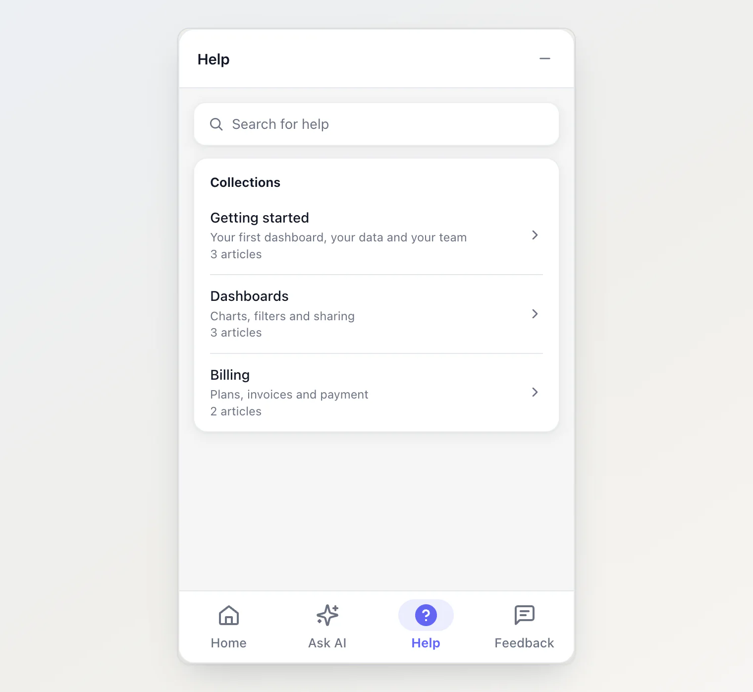 The Help tab: a search box and three collections with their article counts