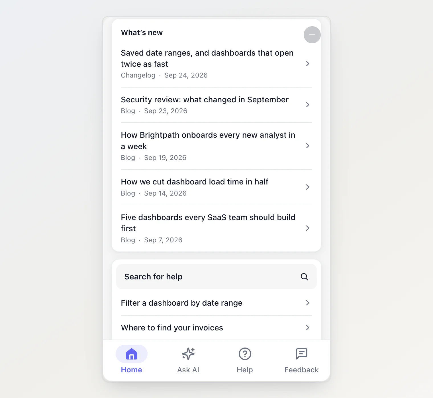 Home scrolled down: recent news under What's new, then a search box and popular help articles
