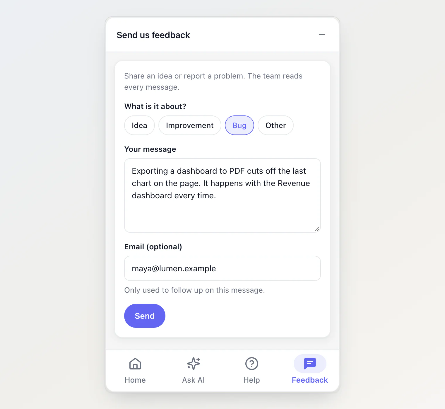 The widget's Feedback tab: Bug selected, a message about a PDF export, and the visitor's email filled in