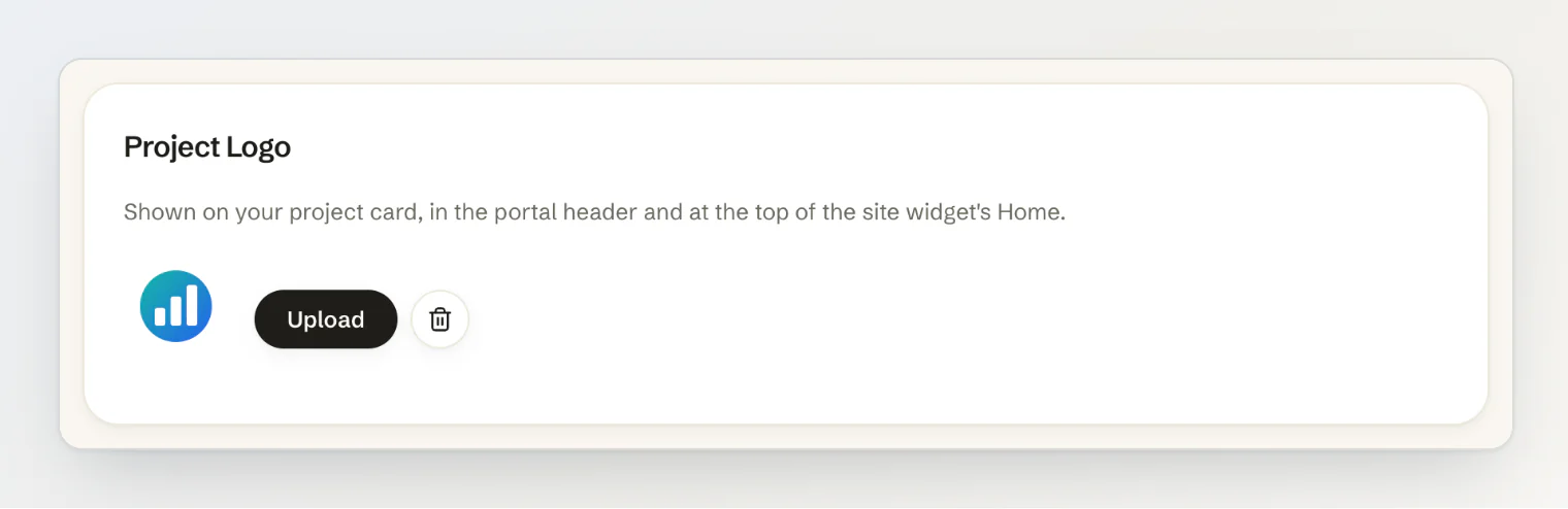 The Project Logo card in Project settings, with the current logo, an Upload button and a remove button