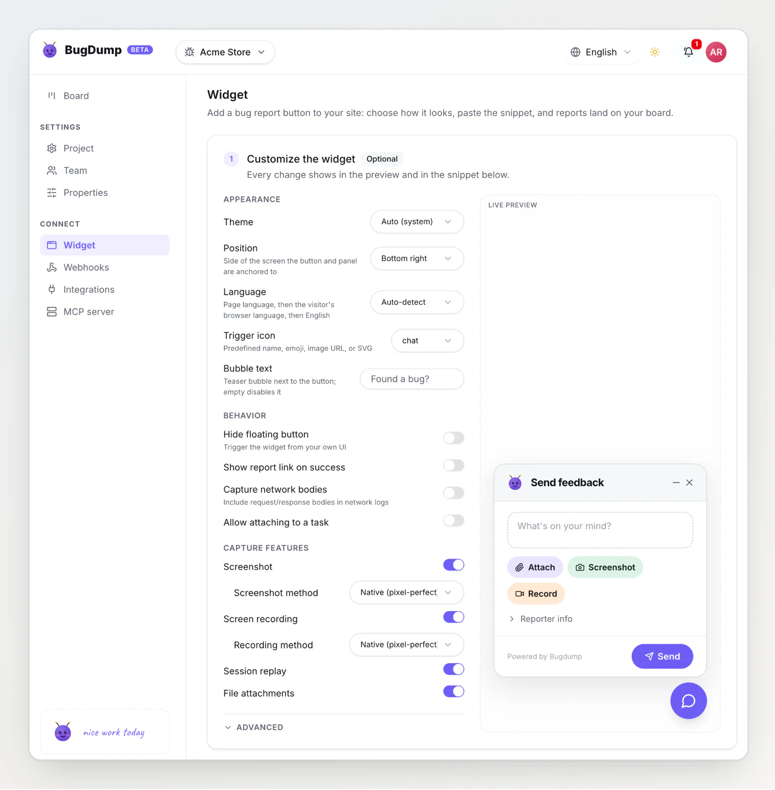 BugDump Widget page, step 1: theme, position, language and behavior controls next to a live preview of the bug report widget