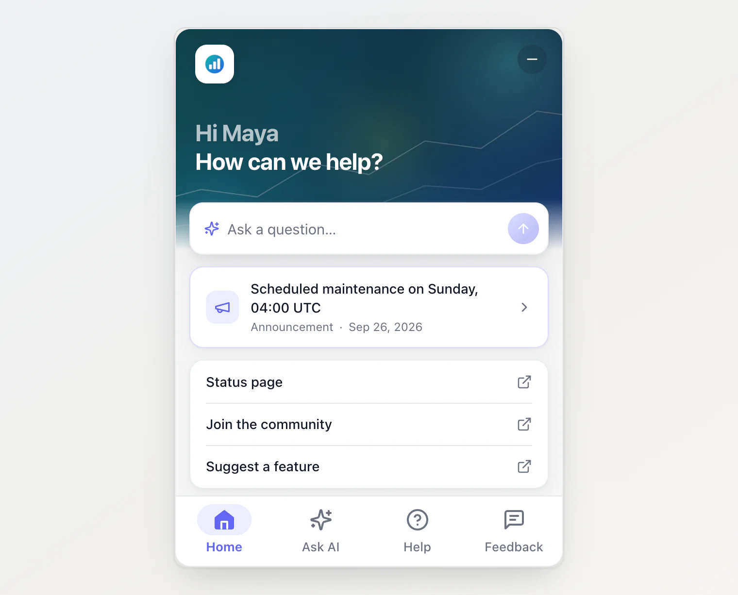 The widget's Home: a greeting, a question box, the latest announcement and three links, with the Home, Ask AI, Help and Feedback tabs