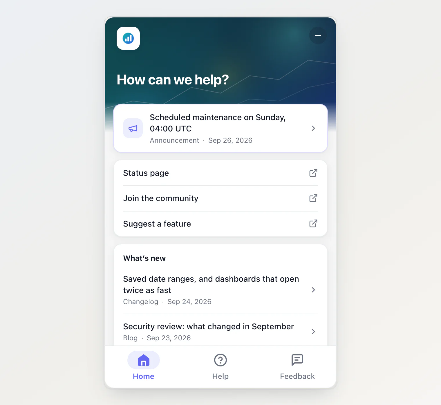The site widget without Ask AI: Home with an announcement, links and news, and only the Home, Help and Feedback tabs