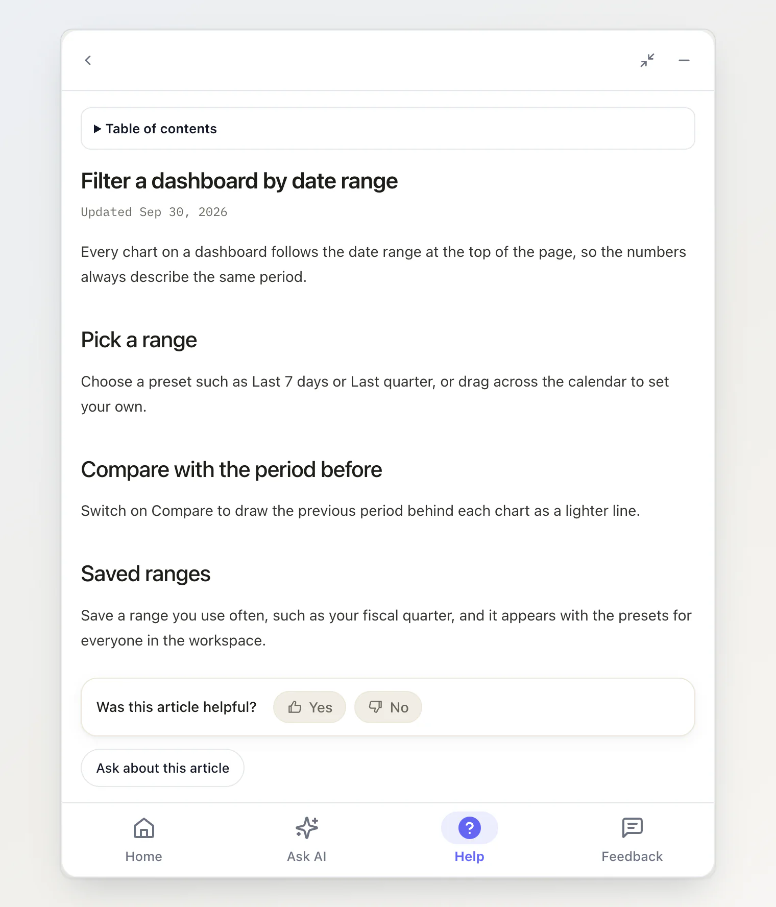 A help article open inside the widget, with a table of contents, a helpful vote and an Ask about this article button
