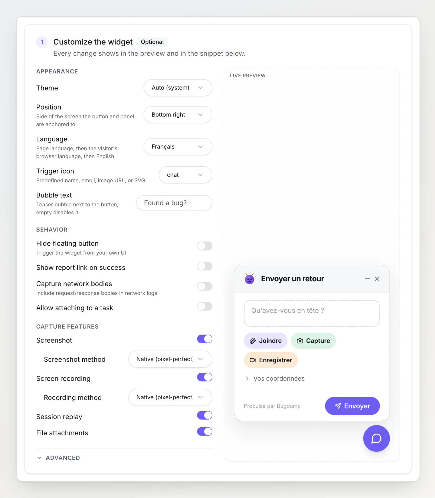 Widget page with Language set to Français: the live preview shows the widget as Envoyer un retour, Joindre, Capture and Enregistrer