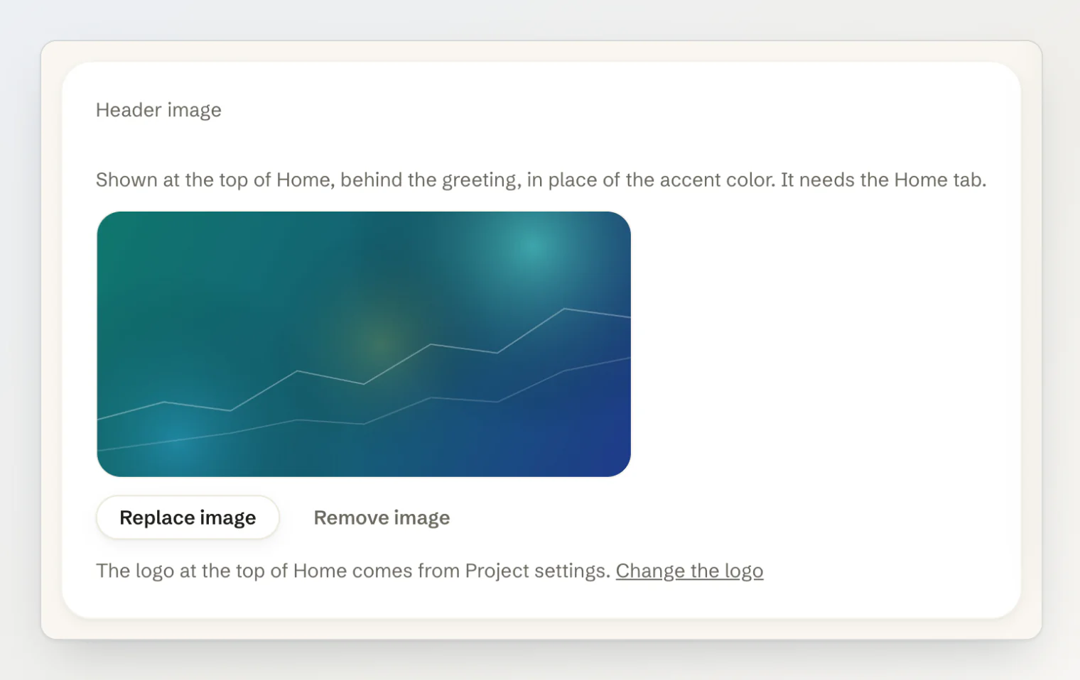 The Header image card on the Customize tab, with an uploaded image, Replace and Remove buttons, and a link to change the logo