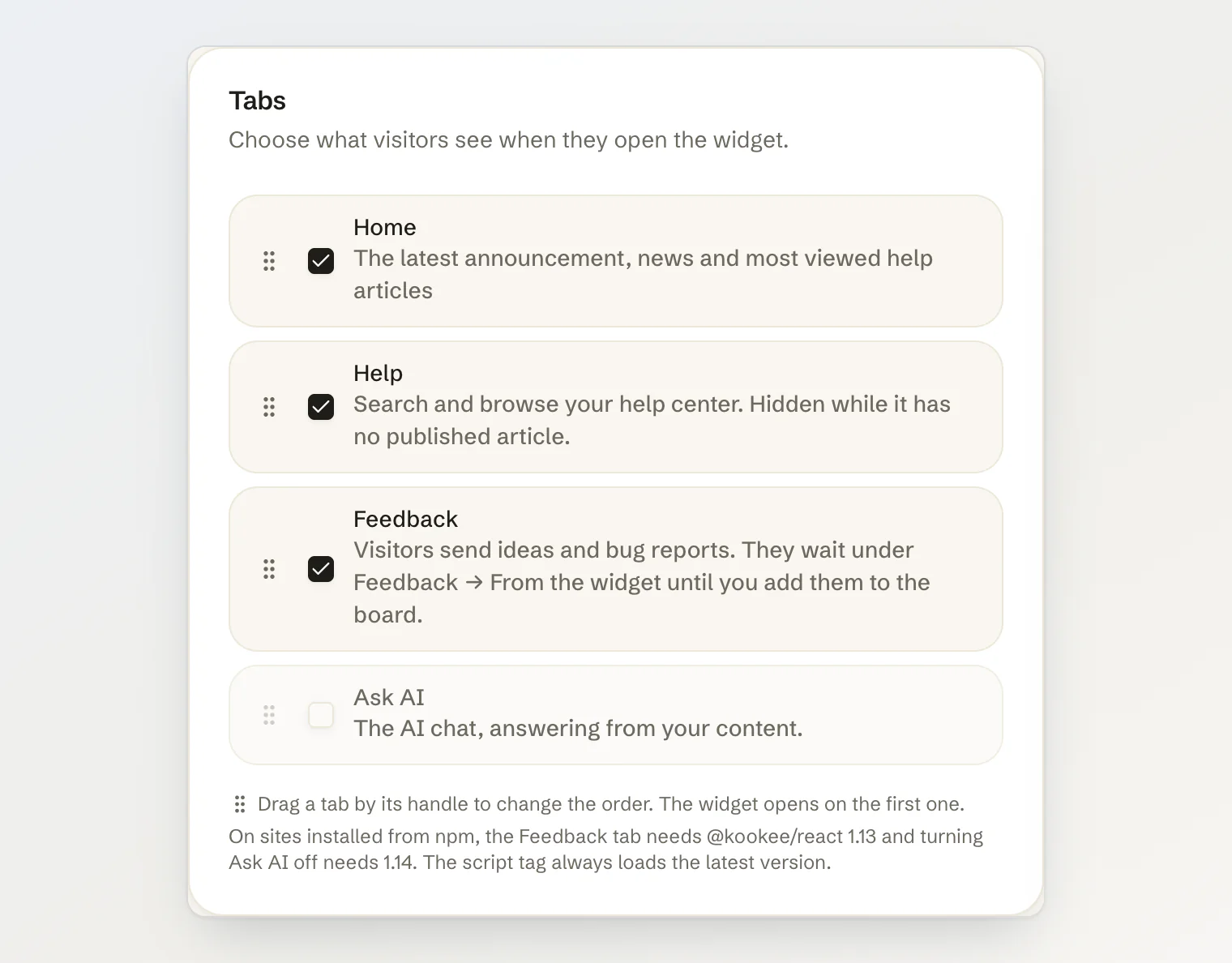 The Tabs card on Site widget → Customize: Home, Help and Feedback switched on, Ask AI switched off, and a note on dragging tabs to reorder them