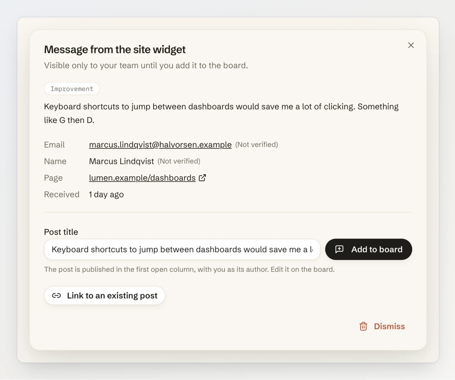 A message from the site widget, with the visitor's email, name and page, and the Add to board, Link to an existing post and Dismiss actions