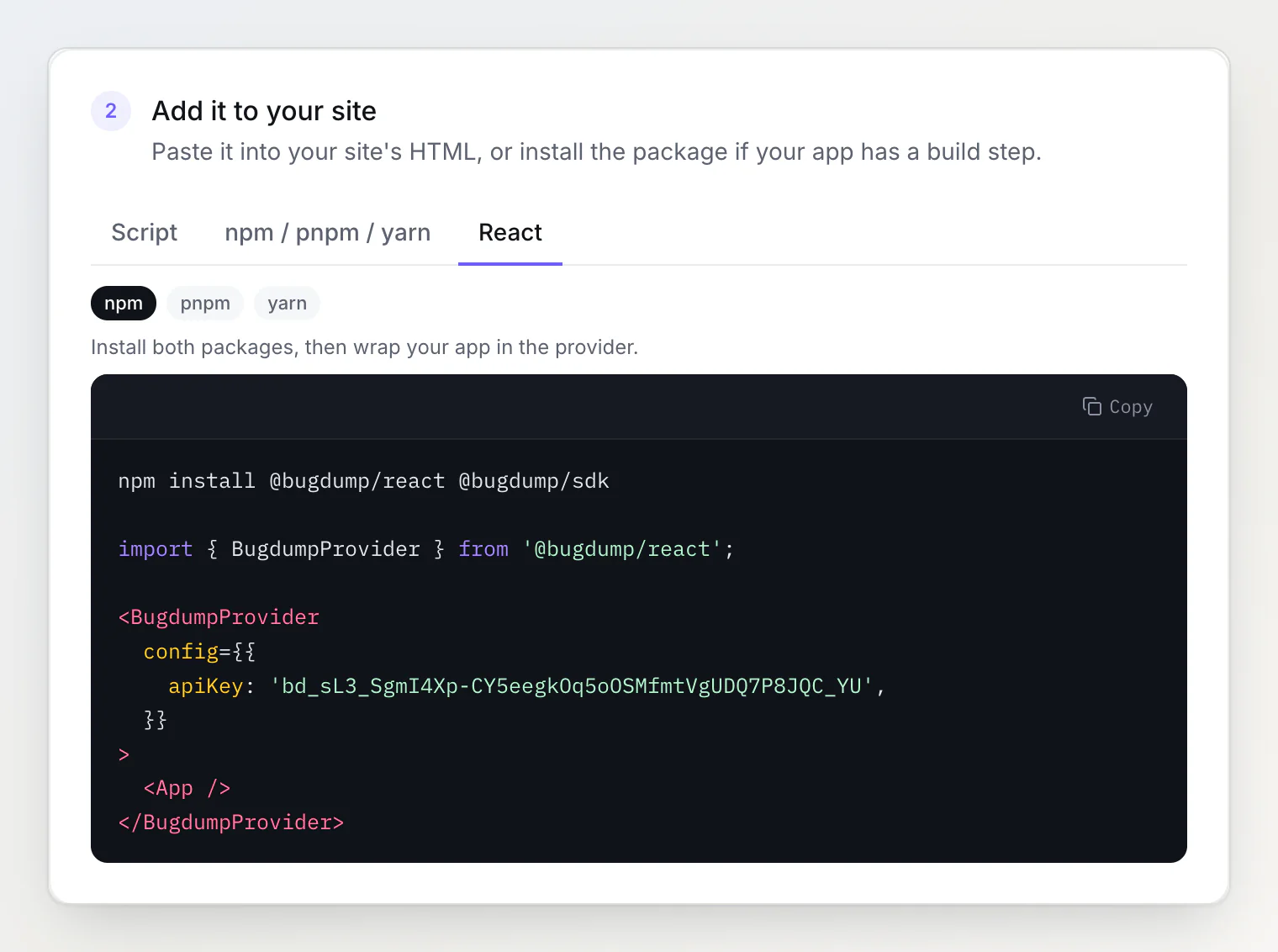 Widget page, step 2, React tab: the npm install command for @bugdump/react and @bugdump/sdk, and BugdumpProvider wrapping the app with the project's widget key