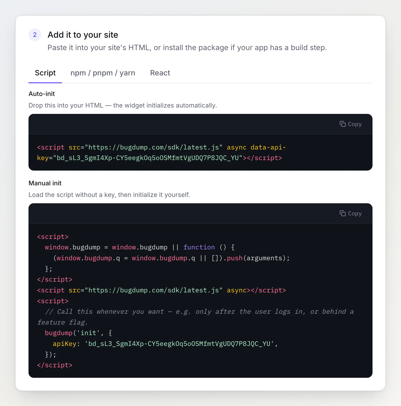 Widget page, step 2: the Script, npm / pnpm / yarn and React tabs, with the script tag and manual init snippets pre-filled with the project's widget key