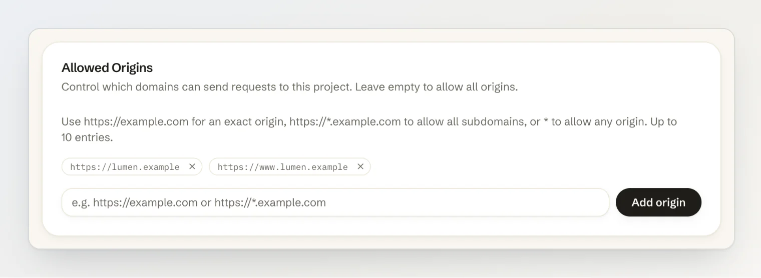 The Allowed Origins card in project settings with https://lumen.example and https://www.lumen.example on the list