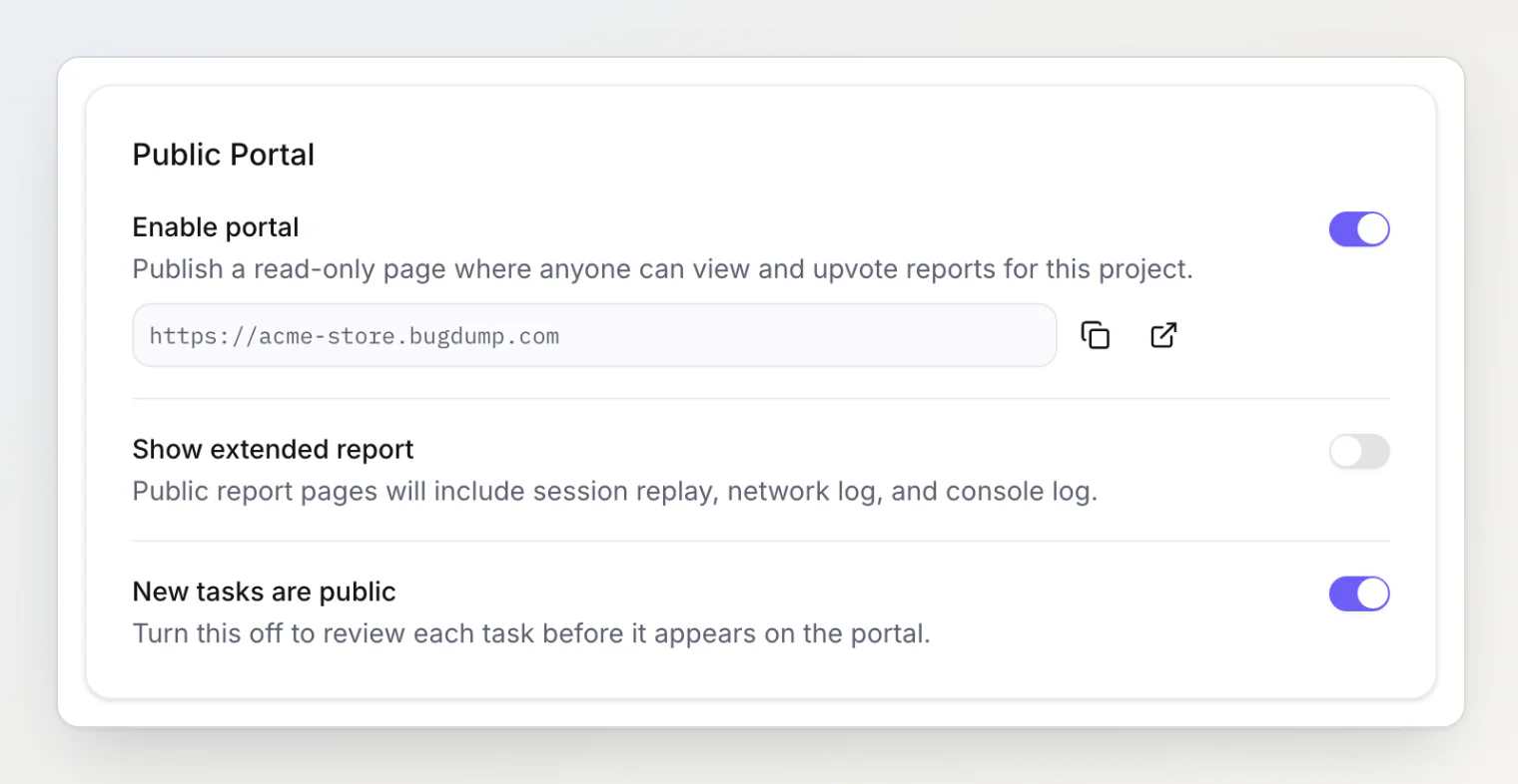 Public Portal settings with Enable portal on and the portal address https://acme-store.bugdump.com