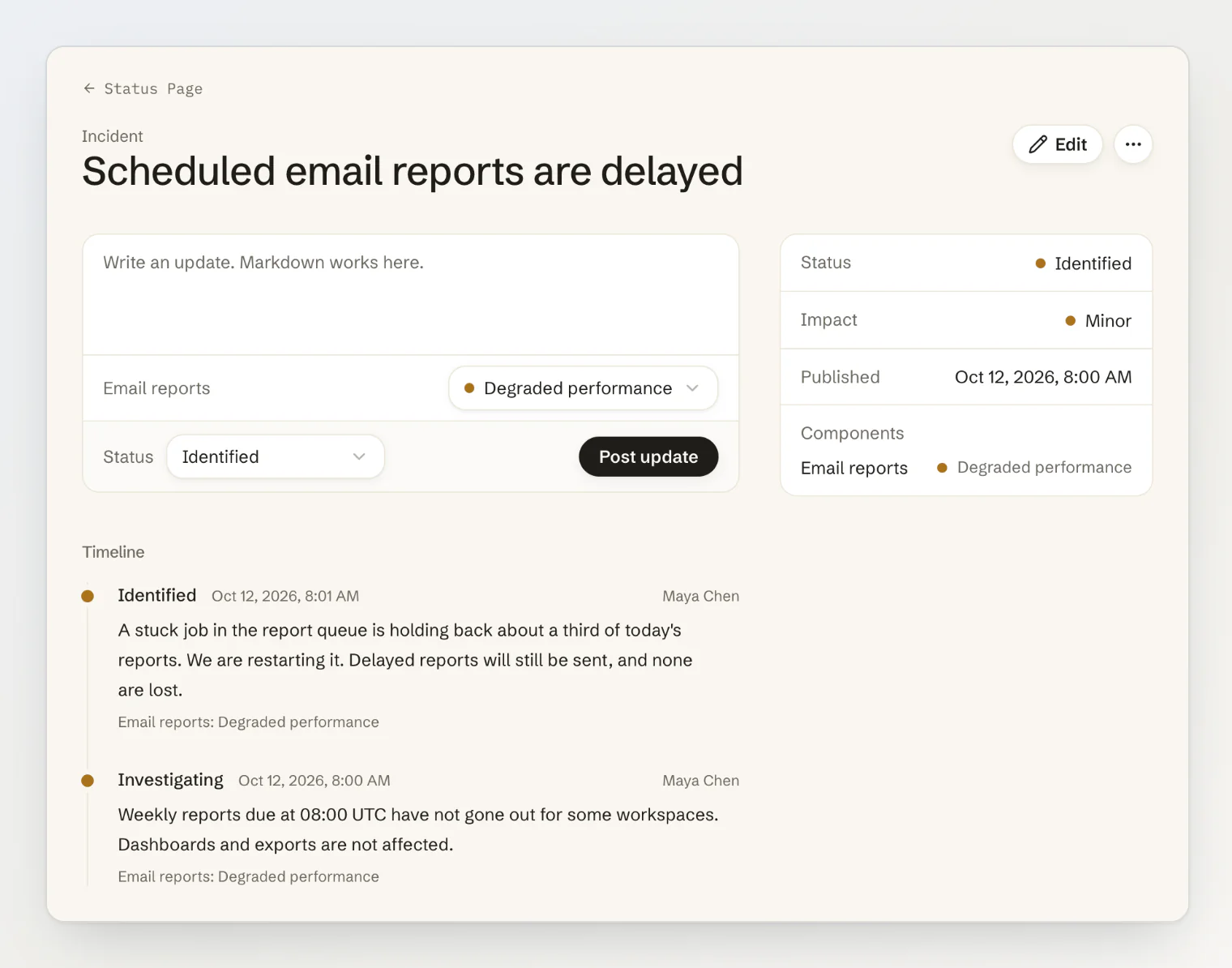 An incident's page in the dashboard: the update box with a status for Email reports and the incident, Post update, and the timeline