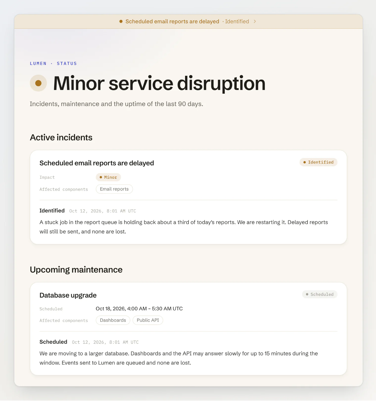Lumen's status page: Minor service disruption, the active incident Scheduled email reports are delayed, and the Database upgrade maintenance on October 18