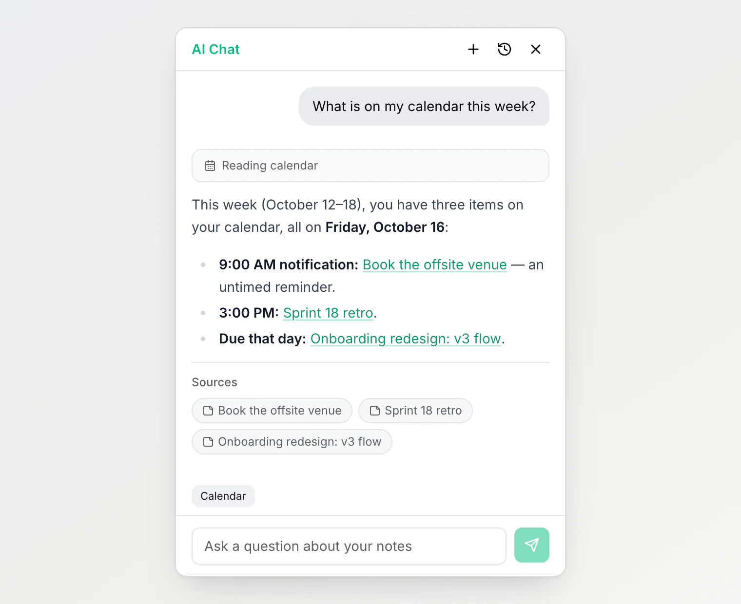 AI chat on the Calendar page answering What is on my calendar this week with three items on Friday, October 16