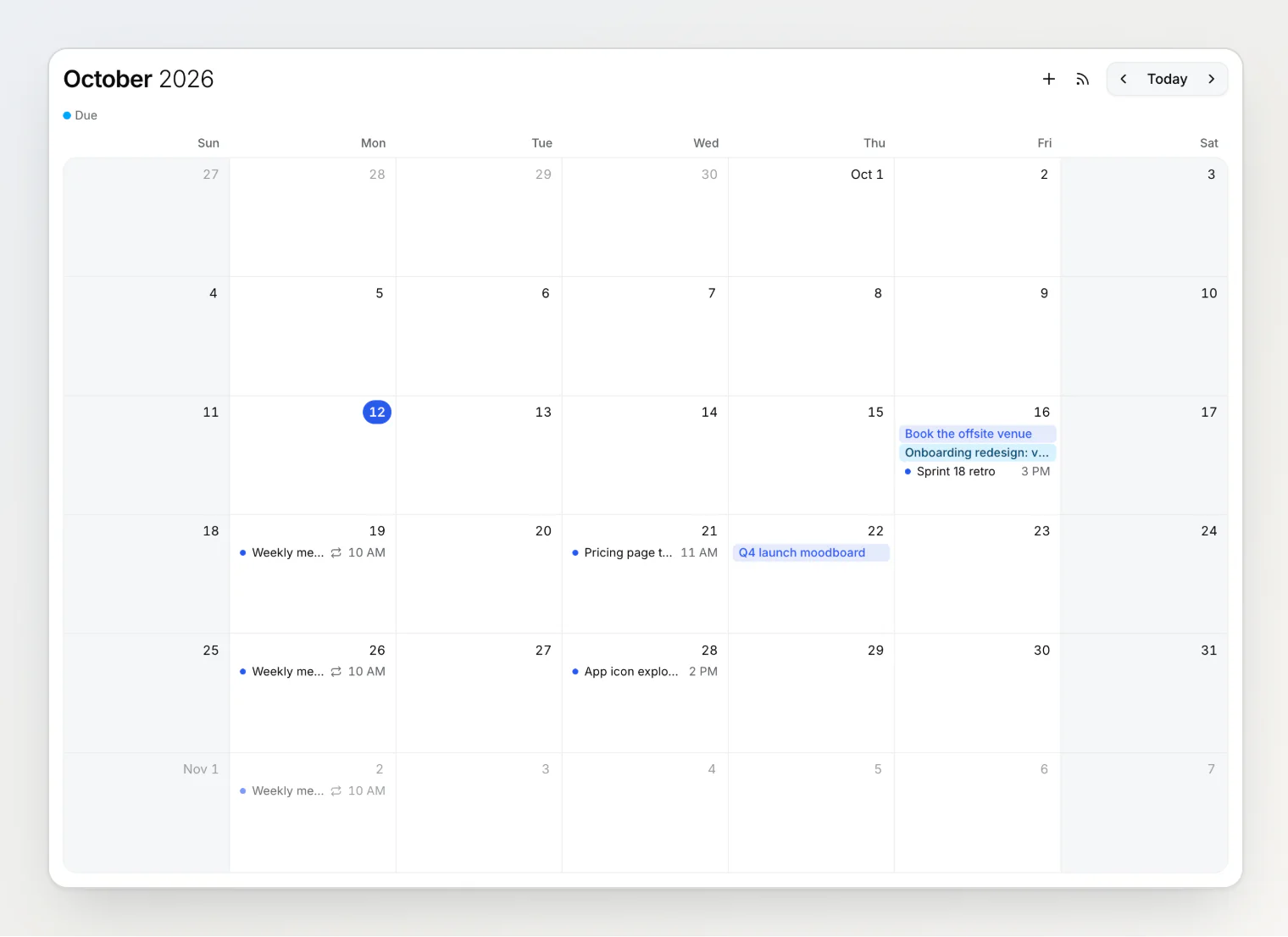October 2026 on the Notez calendar: timed reminders as a dot with their time, all-day reminders and a Due date as tinted bars, and a weekly reminder every Monday