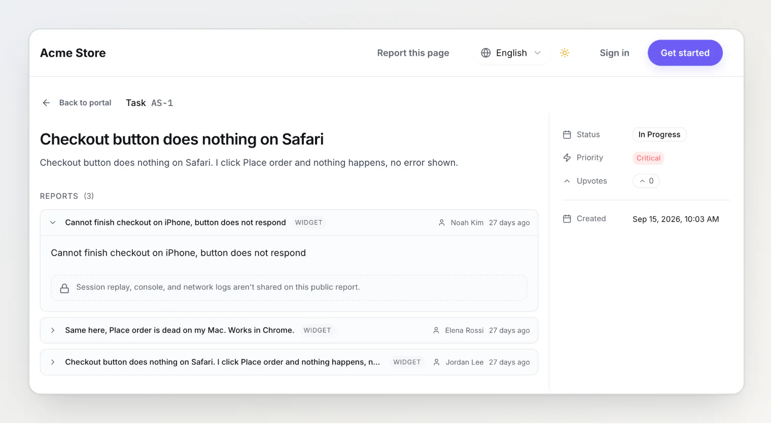 Public page of task AS-1, Checkout button does nothing on Safari, with its three reports, status, priority and upvotes