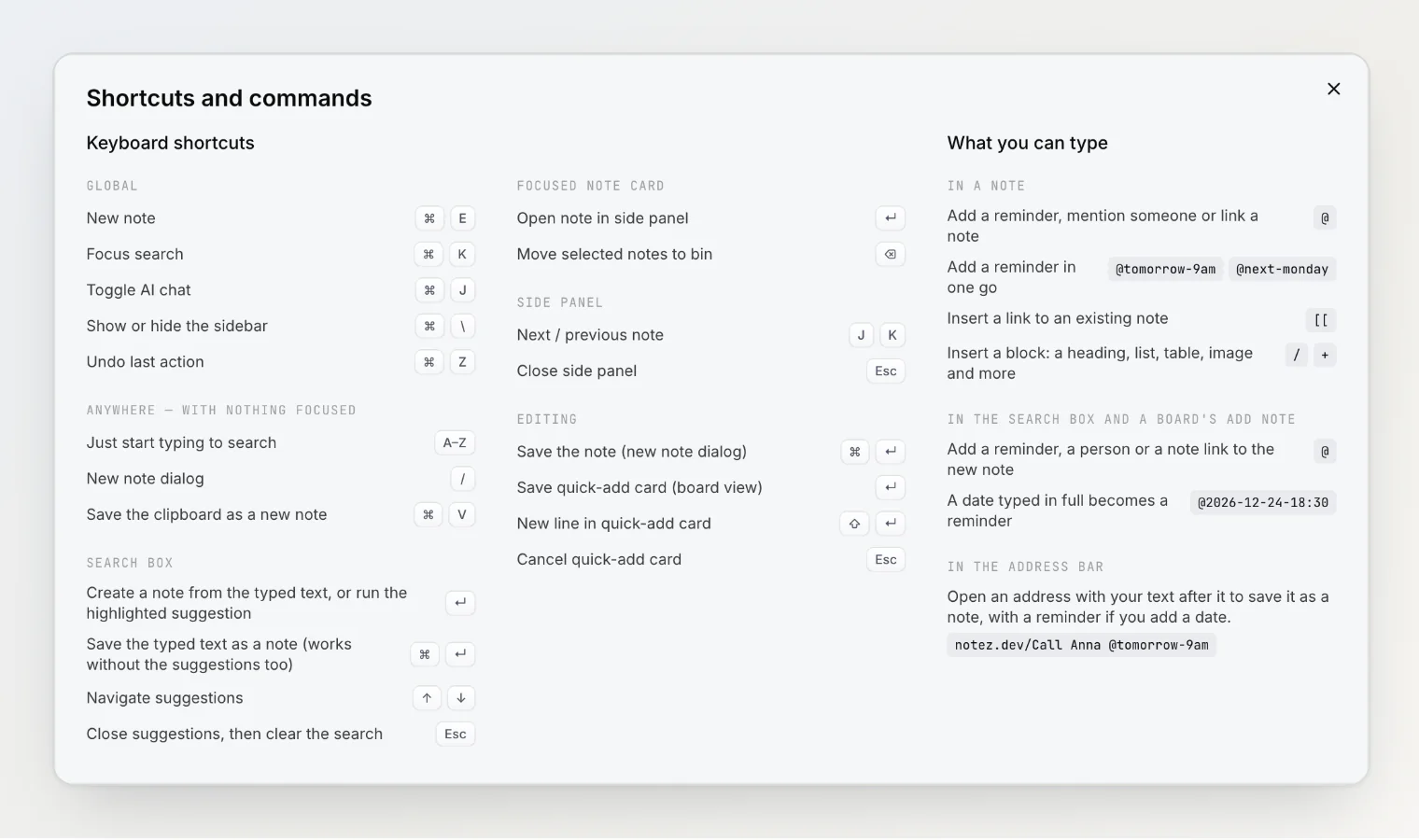 The Shortcuts and commands dialog: keyboard shortcuts in two columns and What you can type in the third