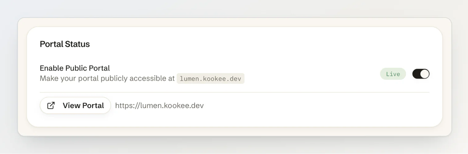 The Portal Status card on the Public Portal page: Enable Public Portal is on and Live, the address lumen.kookee.dev, and View Portal