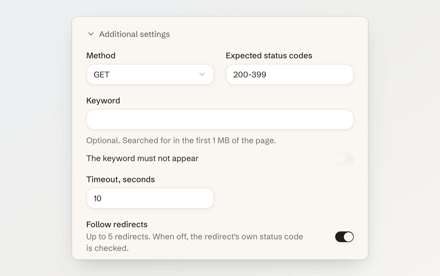 A monitor's additional settings: method, expected status codes, keyword, timeout and redirects