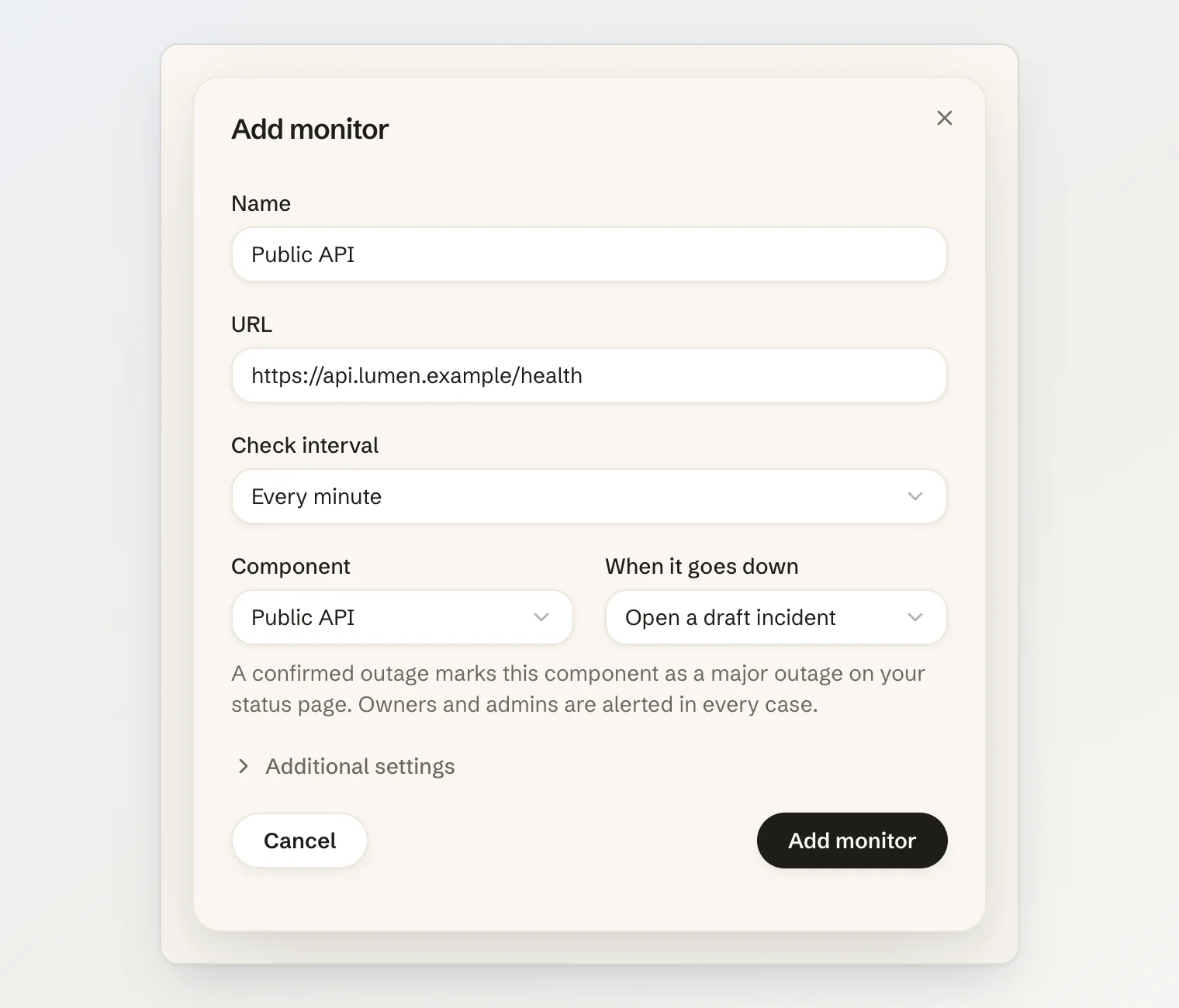 The Add monitor dialog: name, URL, Every minute, the Public API component and Open a draft incident