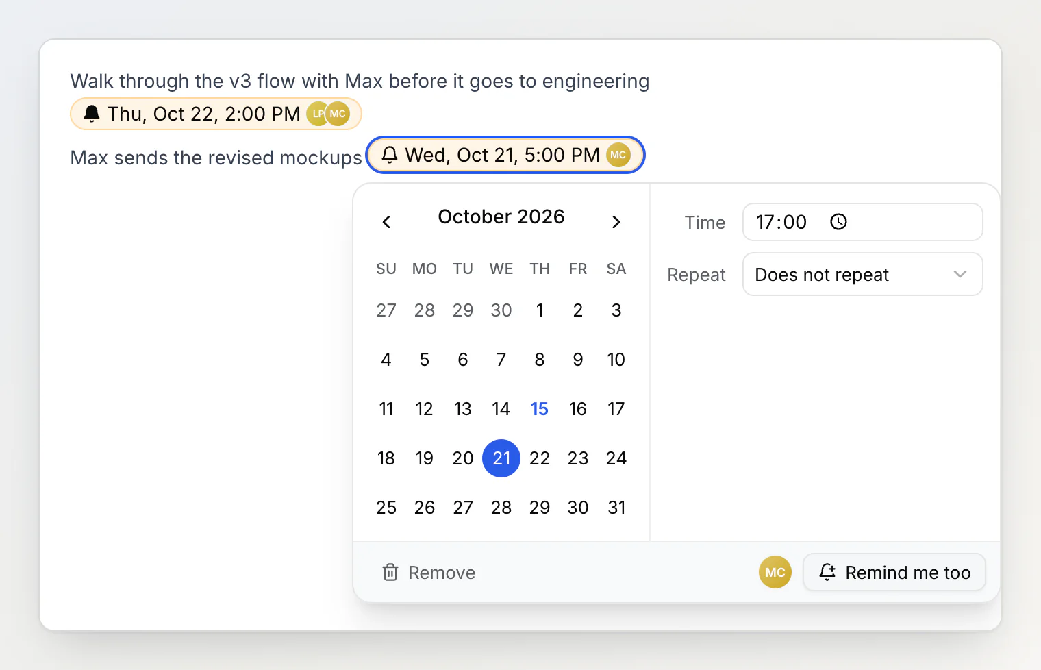 A shared note with two reminder chips: Thu, Oct 22, 2:00 PM reminds Lena and Max, and Wed, Oct 21, 5:00 PM reminds only Max, with its box open showing Remove, Max's avatar and Remind me too