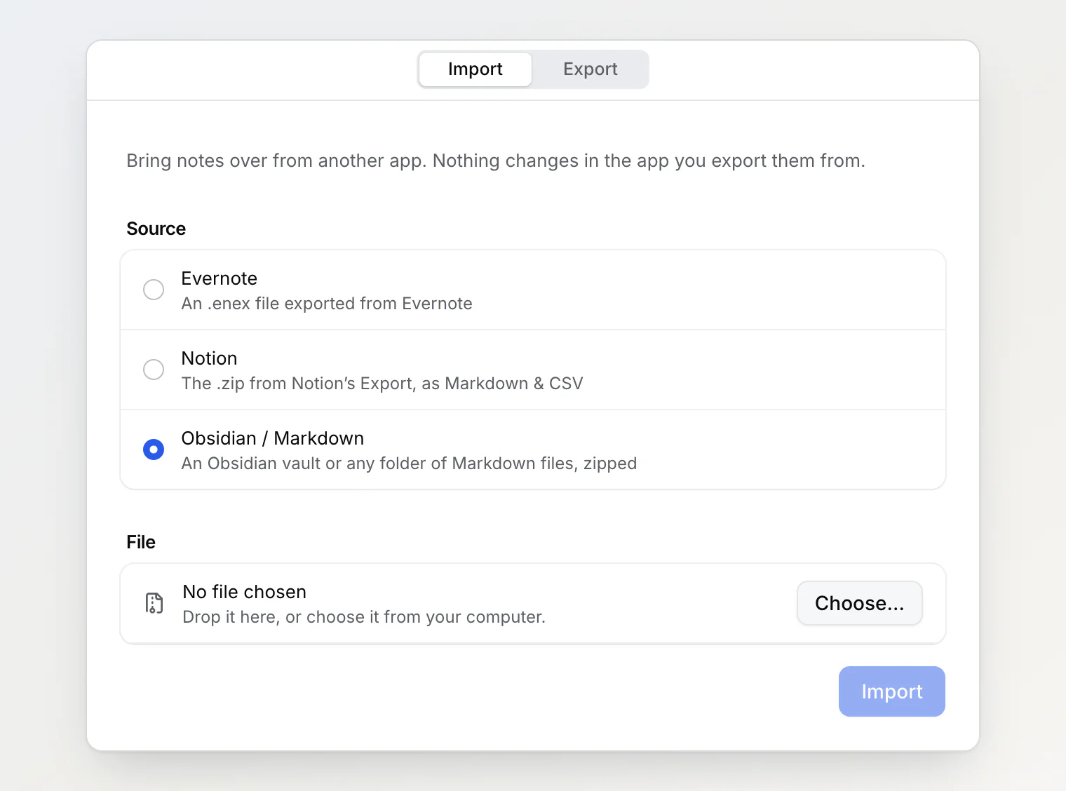 The Import tab of Import & export with Obsidian / Markdown selected as the source, below Evernote and Notion