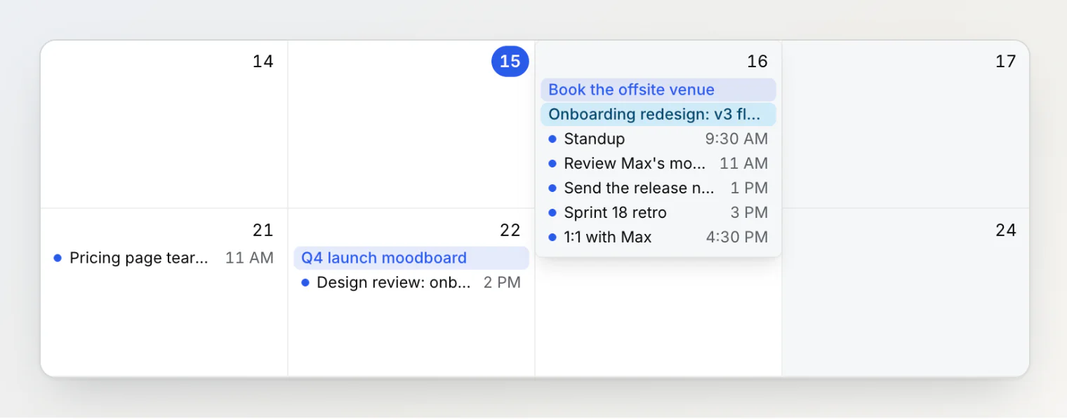 Friday, October 16 opened over the calendar after clicking +4 more, with two all-day items and five timed reminders