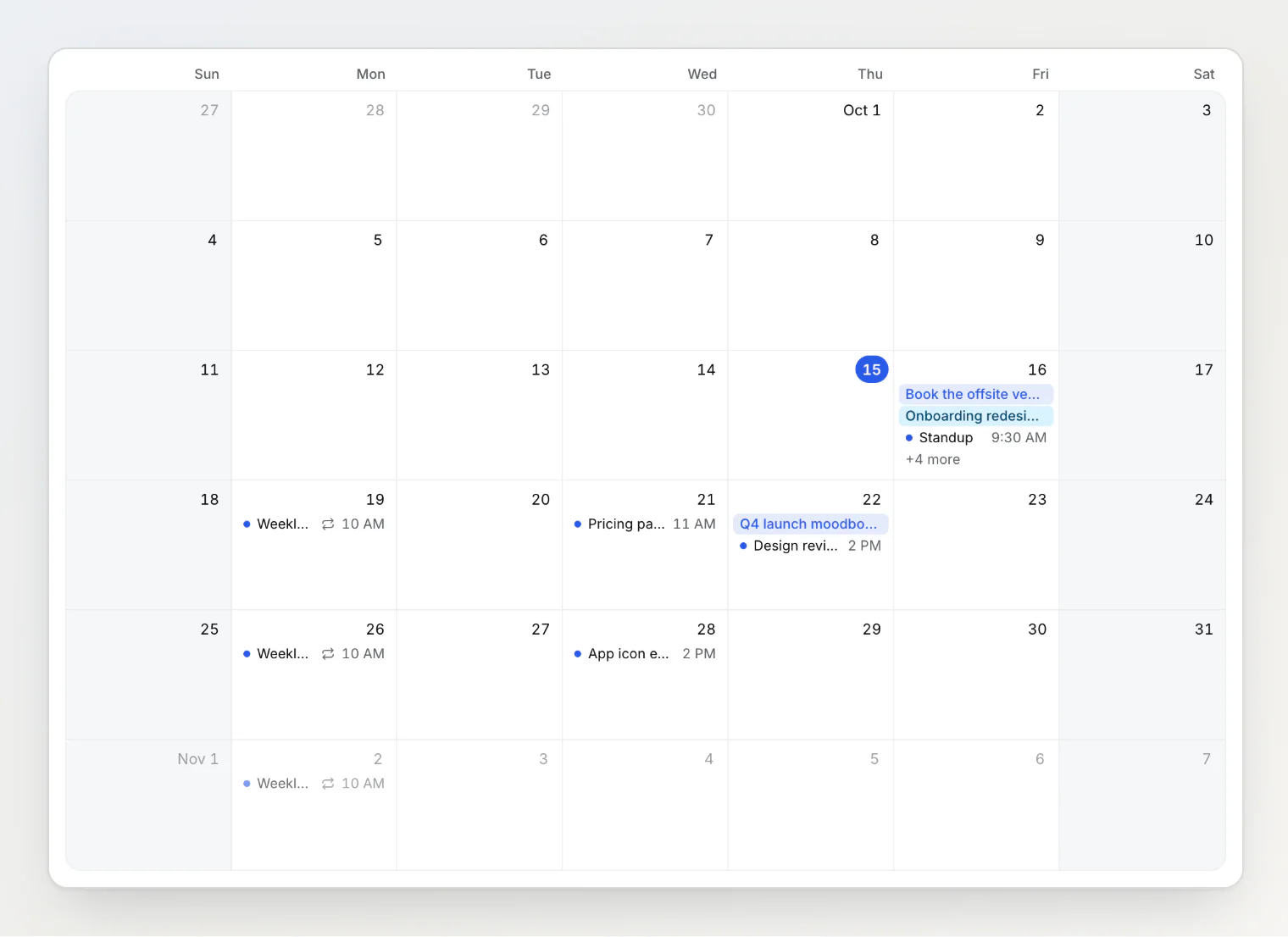October 2026 on the Notez calendar: Friday the 16th shows three items and +4 more, the other days show reminders and date property values