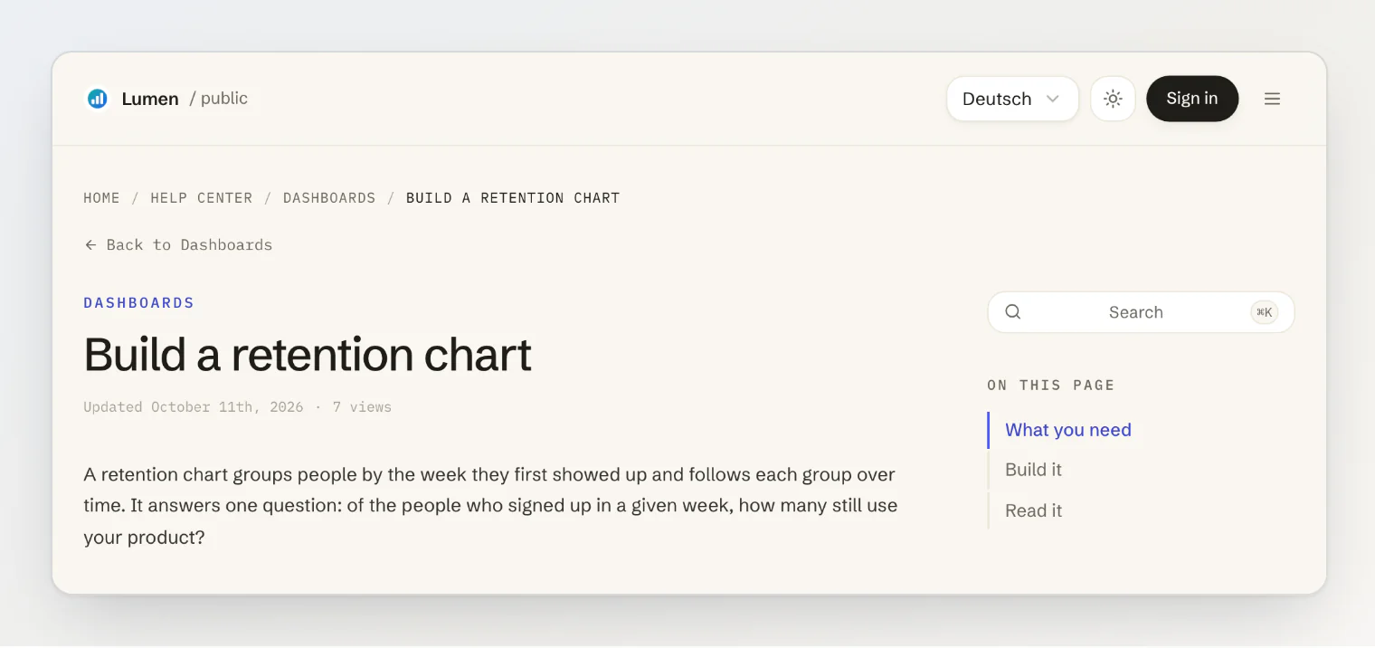 The English help article Build a retention chart opened at its German address, with Deutsch in the language picker