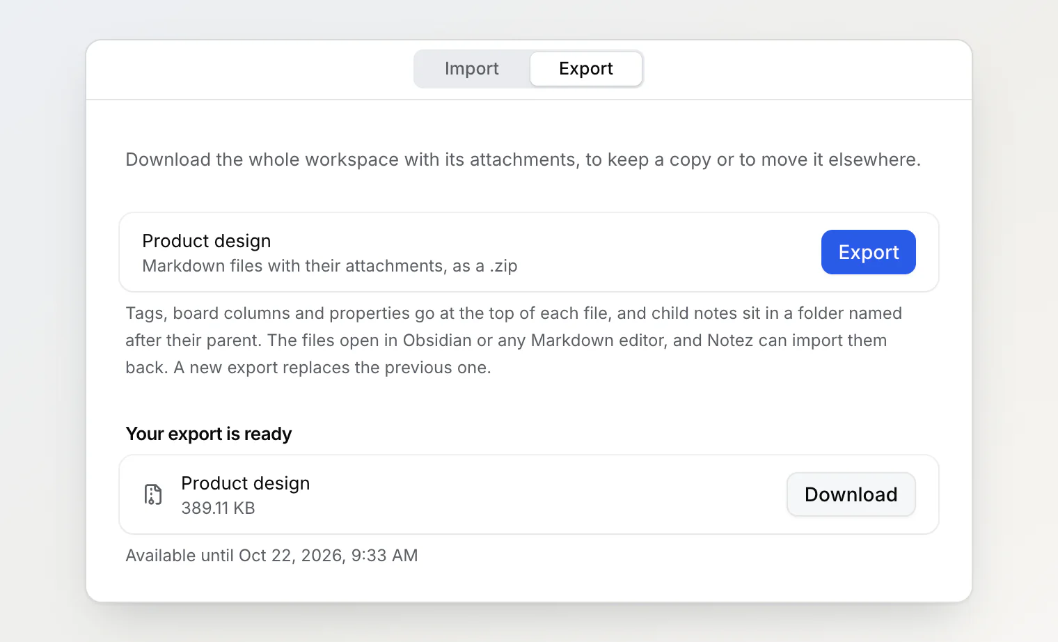 The Export tab of Import & export: the Product design workspace with an Export button, and under Your export is ready, a 389.11 KB download available until Oct 22