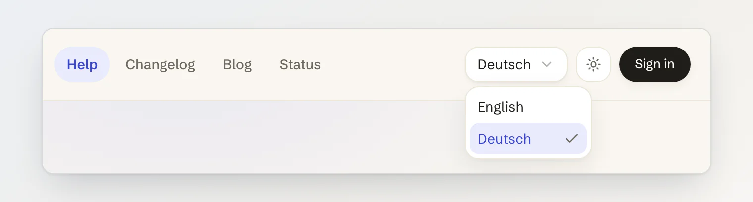 The portal header on lumen.kookee.dev/de/help with the language picker open, listing English and Deutsch