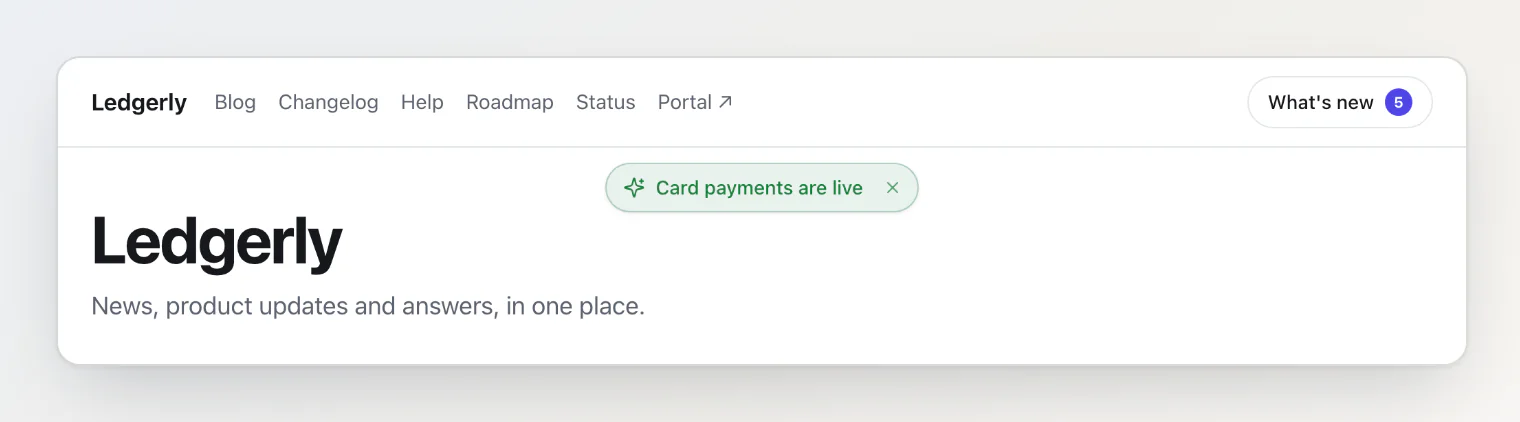 The Next.js starter's header with the announcement pill under it: Card payments are live, with a dismiss button