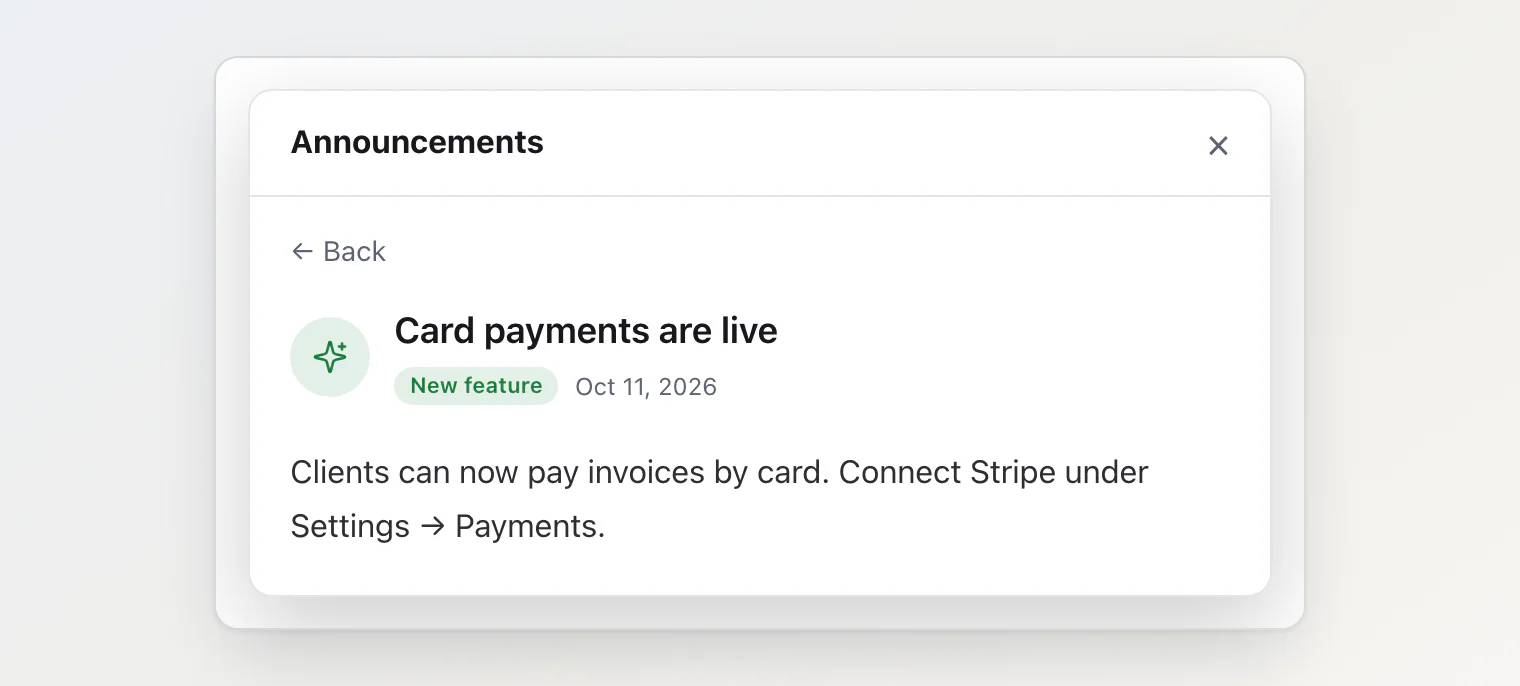The Announcements dialog showing one announcement in full: Back, the New feature badge, the date and its text