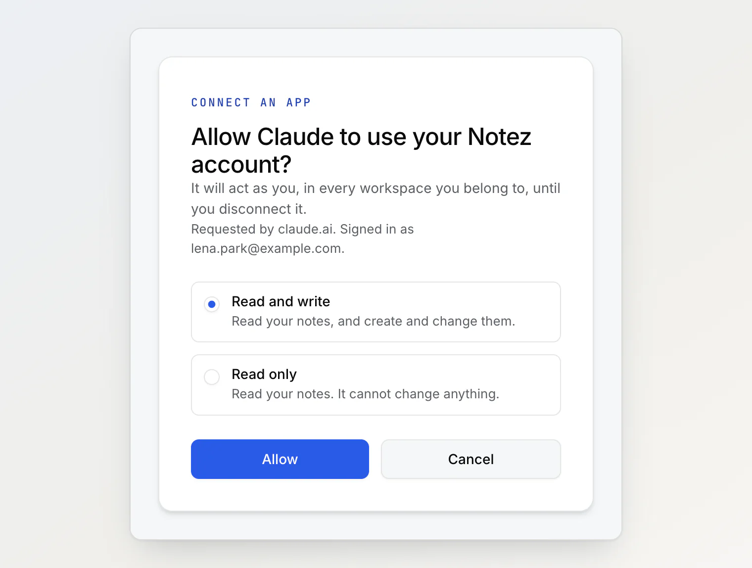 Notez consent screen asking to allow Claude to use your account, with a choice between Read and write and Read only