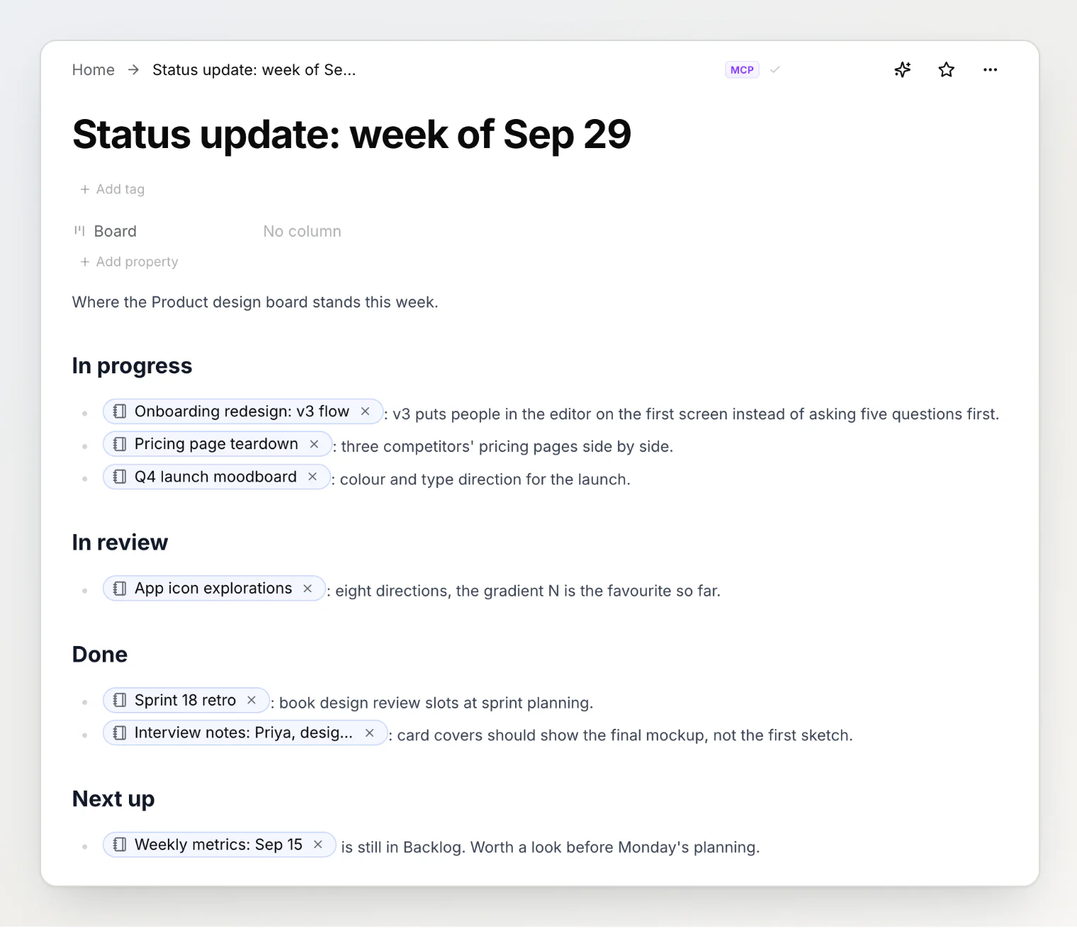 A status update note Claude wrote in Notez from the board, marked MCP, with links to each project note under In progress, In review, Done and Next up