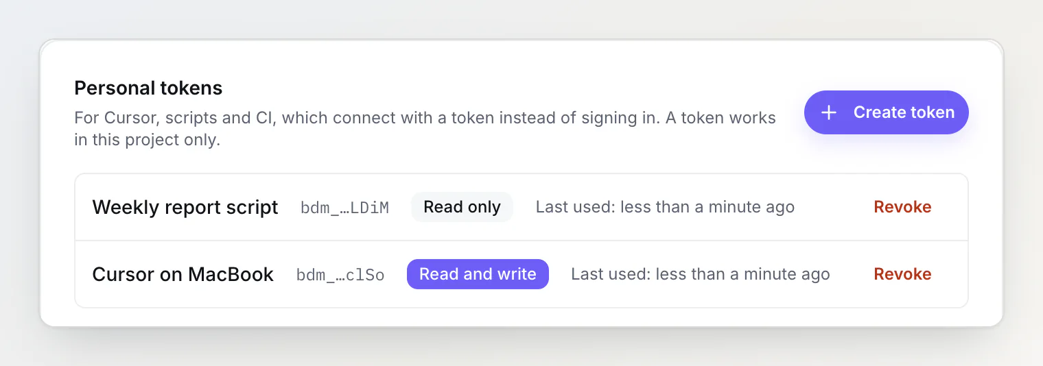 Personal tokens on the BugDump MCP server page: a read-only Weekly report script token and a read-and-write Cursor on MacBook token, each with Revoke