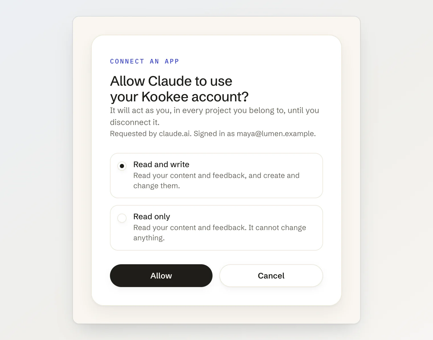 Kookee consent page: Allow Claude to use your Kookee account? with a choice between Read and write, selected, and Read only, and Allow and Cancel buttons