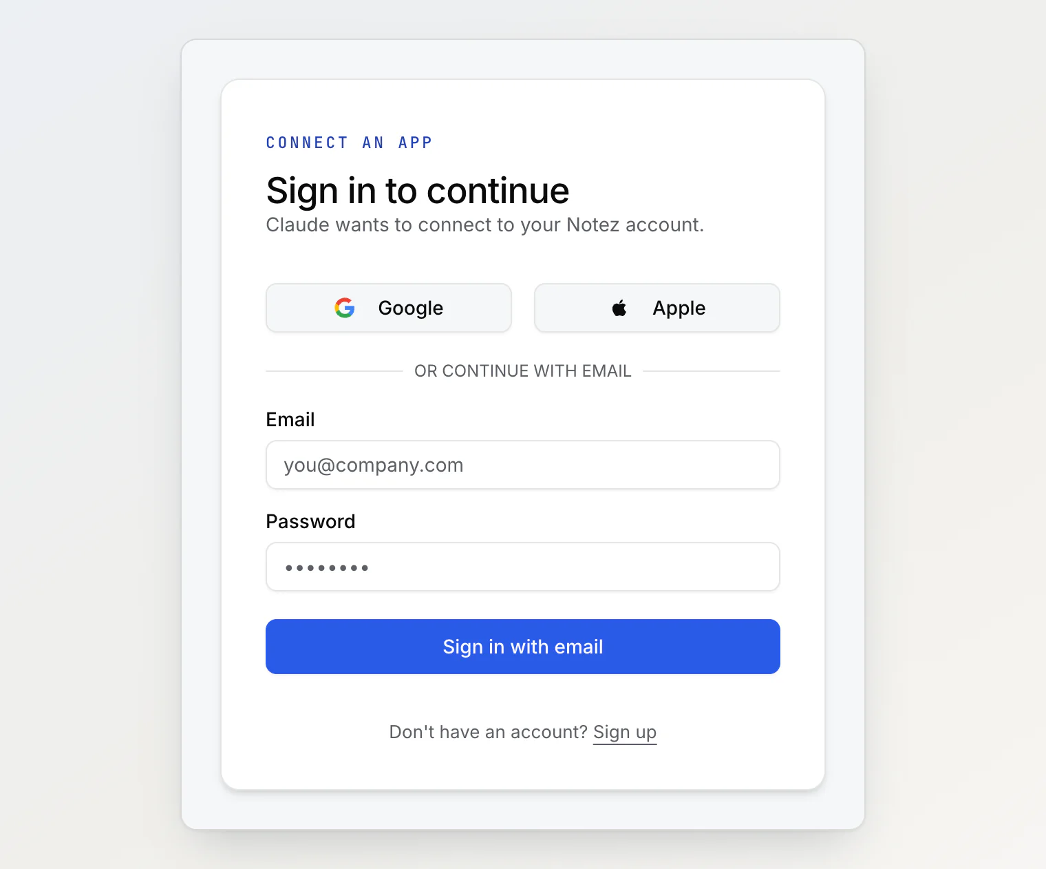 Notez sign-in page opened by an AI app: Claude wants to connect to your Notez account, with Google, Apple and email sign-in